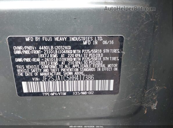 JF2SJATC5HH417386 2017 SUBARU FORESTER Green Вид підкапотного простору