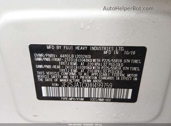 JF2SJATCXHH499759 2017 SUBARU FORESTER White 