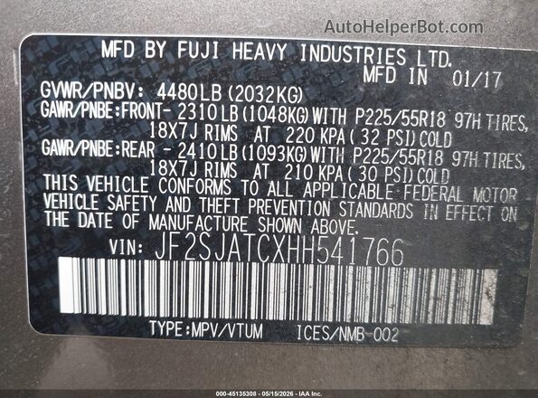 JF2SJATCXHH541766 2017 SUBARU FORESTER Brown Вид підкапотного простору
