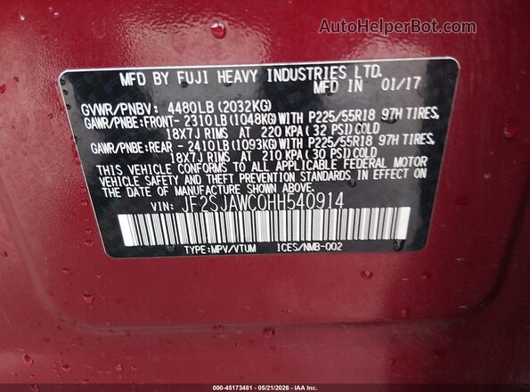 JF2SJAWC0HH540914 2017 SUBARU FORESTER Красный 