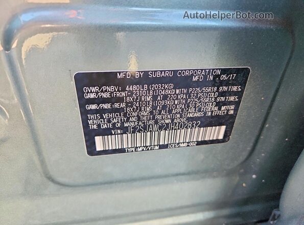 JF2SJAWC2JH402832 2018 SUBARU FORESTER Teal Vista de la etiqueta del VIN