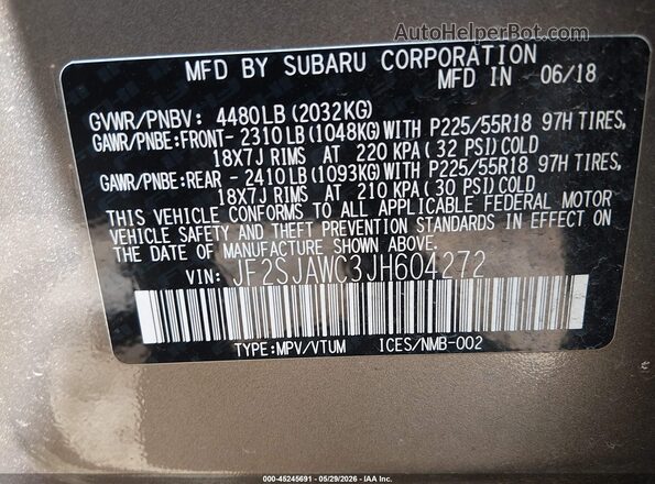 JF2SJAWC3JH604272 2018 SUBARU FORESTER Beige Вид підкапотного простору