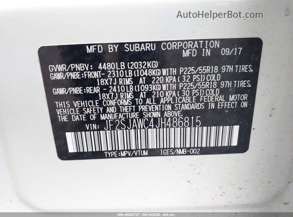 JF2SJAWC4JH486815 2018 SUBARU FORESTER White ძრავის განყოფილების ხედი