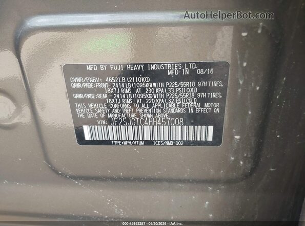 JF2SJGTC4HH457008 2017 SUBARU FORESTER Brown ძრავის განყოფილების ხედი