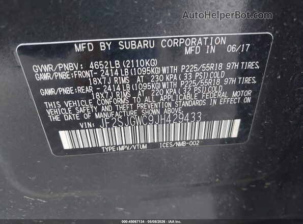 JF2SJGWC9JH429433 2018 SUBARU FORESTER2. Gray Вид підкапотного простору