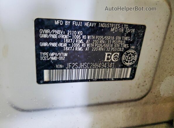 JF2SJHSC2HH494341 2017 SUBARU FORESTER2. White VIN sticker view