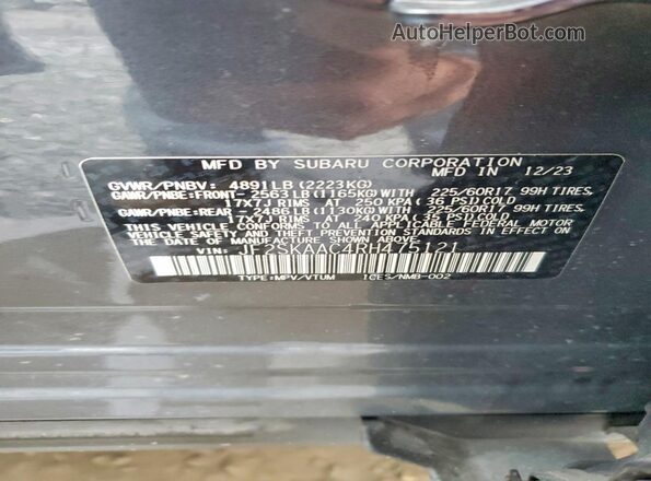 JF2SKAAC4RH475121 2024 SUBARU FORESTER Gray VIN კოდის სტიკერის ხედი