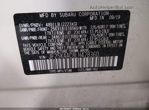 JF2SKAAC8LH428360 2020 SUBARU FORESTER White Vista del compartimento del motor