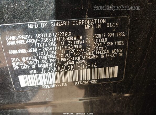 JF2SKAACXKH503574 2019 SUBARU FORESTER Black Vista del compartimento del motor