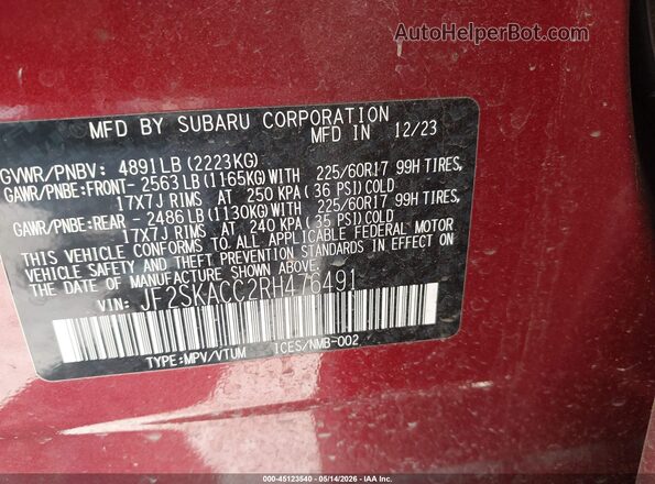 JF2SKACC2RH476491 2024 SUBARU FORESTER Maroon Շարժիչի բաժամունքի տեսք