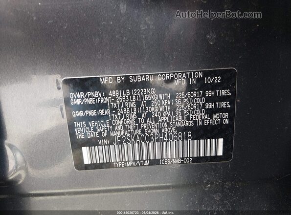 JF2SKACC3PH406818 2023 SUBARU FORESTER Gray Vista del compartimento del motor