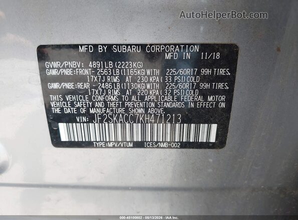 JF2SKACC7KH471213 2019 SUBARU FORESTER Silver Շարժիչի բաժամունքի տեսք