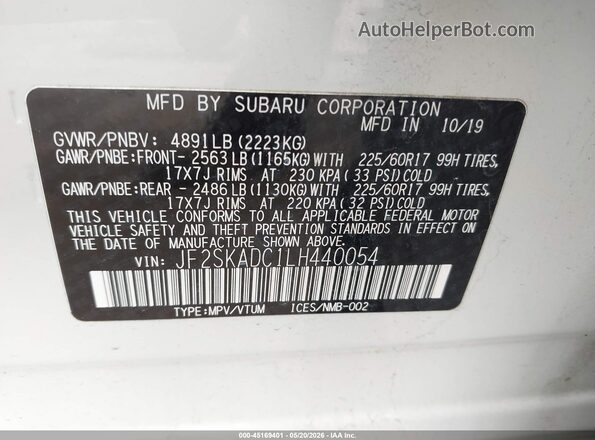 JF2SKADC1LH440054 2020 SUBARU FORESTER White Widok komory silnika