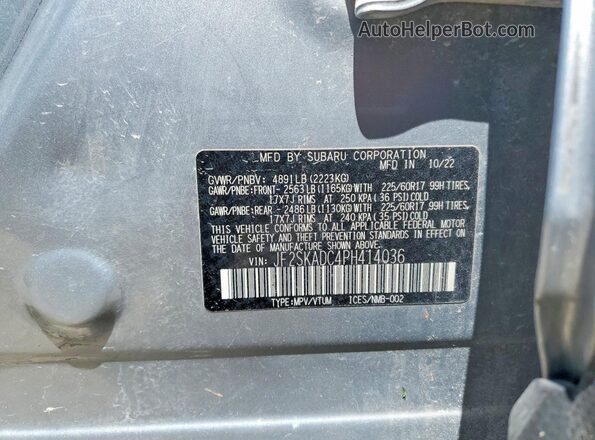 JF2SKADC4PH414036 2023 SUBARU FORESTER Silver VIN კოდის სტიკერის ხედი