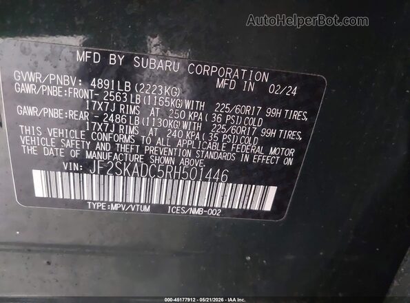 JF2SKADC5RH501446 2024 SUBARU FORESTER Green Вид підкапотного простору