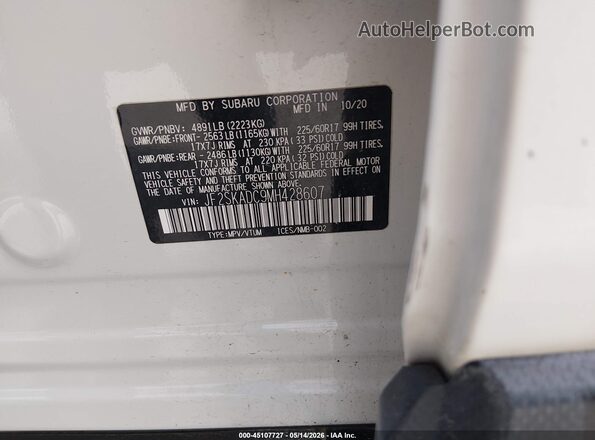JF2SKADC9MH428607 2021 SUBARU FORESTER White ძრავის განყოფილების ხედი