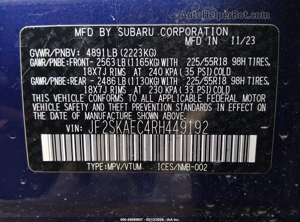 JF2SKAEC4RH449192 2024 SUBARU FORESTER Blue Вид підкапотного простору