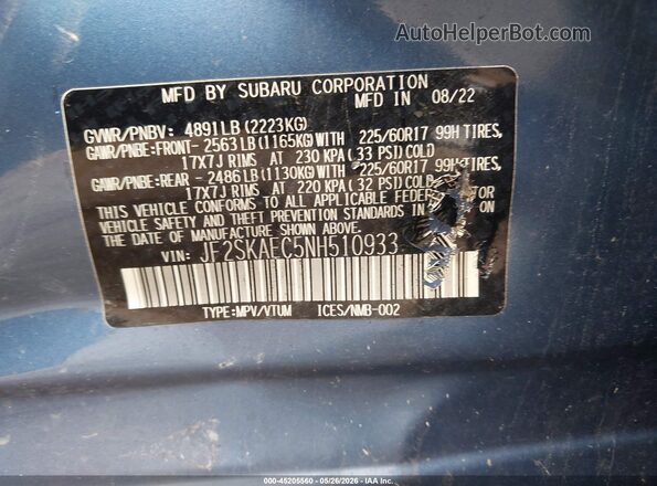 JF2SKAEC5NH510933 2022 SUBARU FORESTER Blue Vista del compartimento del motor