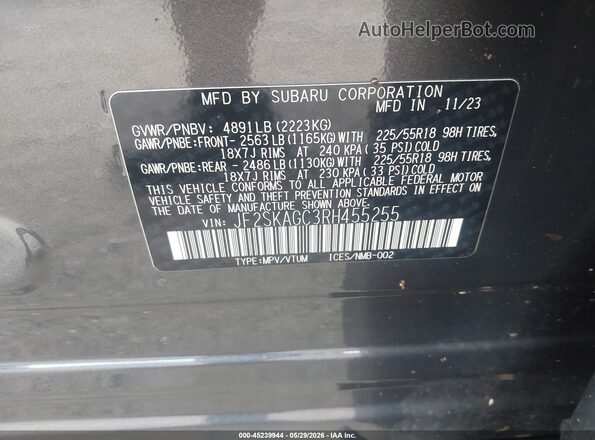 JF2SKAGC3RH455255 2024 SUBARU FORESTER Gray Вид підкапотного простору