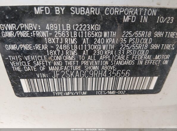 JF2SKAGC9RH435656 2024 SUBARU FORESTER White Շարժիչի բաժամունքի տեսք