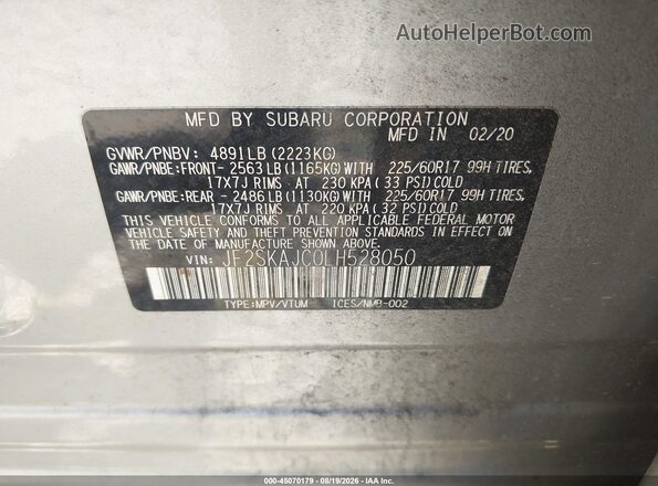 JF2SKAJC0LH528050 2020 SUBARU FORESTER Silver Շարժիչի բաժամունքի տեսք
