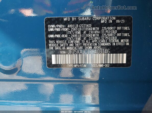 JF2SKAJC1RH403146 2024 SUBARU FORESTER Blue Вид підкапотного простору