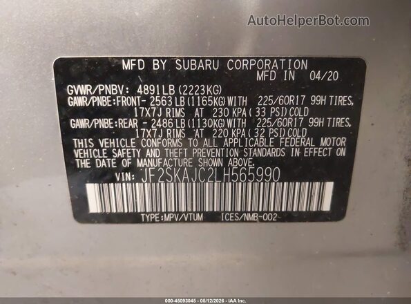 JF2SKAJC2LH565990 2020 SUBARU FORESTER Silver ძრავის განყოფილების ხედი