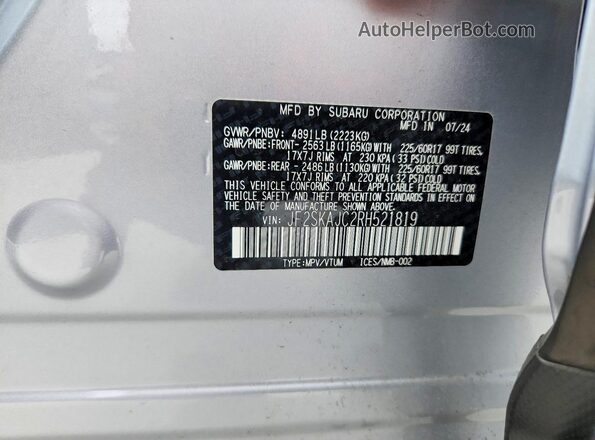 JF2SKAJC2RH521819 2024 SUBARU FORESTER Silver VIN კოდის სტიკერის ხედი