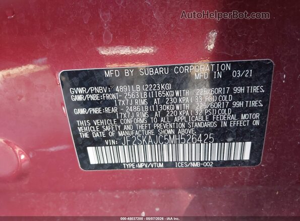 JF2SKAJC5MH526425 2021 SUBARU FORESTER Red Vista del compartimento del motor