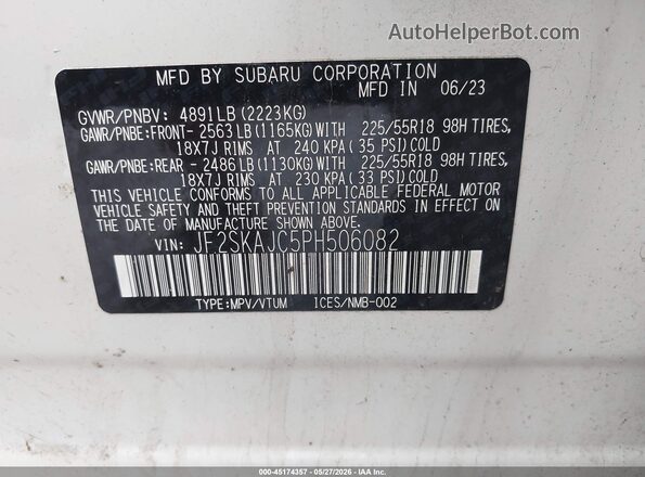 JF2SKAJC5PH506082 2023 SUBARU FORESTER White Շարժիչի բաժամունքի տեսք