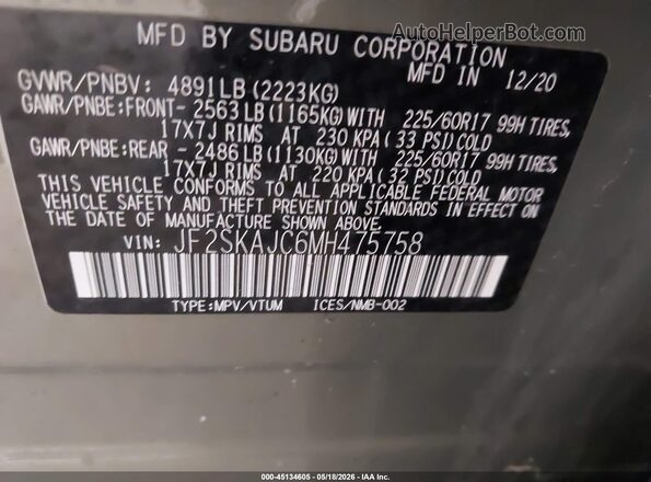 JF2SKAJC6MH475758 2021 SUBARU FORESTER Green Widok komory silnika