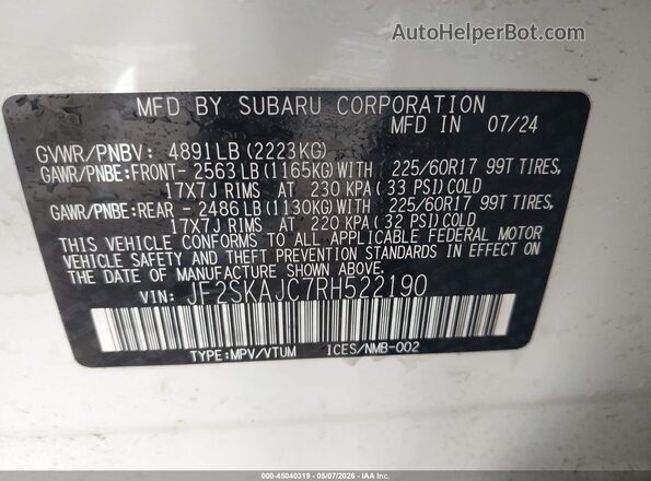 JF2SKAJC7RH522190 2024 SUBARU FORESTER White Вид підкапотного простору