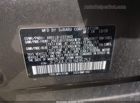 JF2SKAJC8LH495752 2020 SUBARU FORESTER Gold Շարժիչի բաժամունքի տեսք