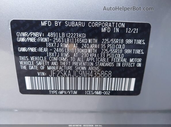 JF2SKAJC9NH435868 2022 SUBARU FORESTER Pewter Engine compartment view