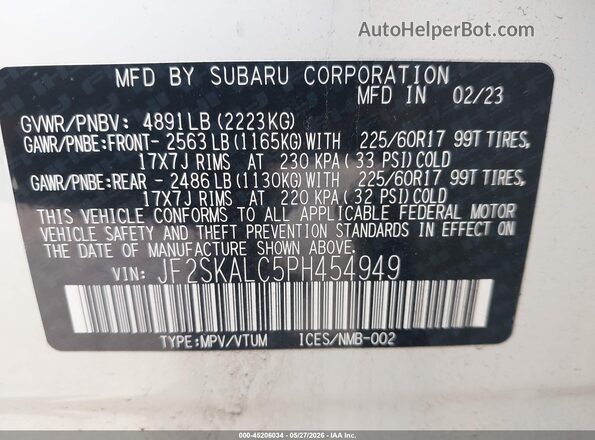 JF2SKALC5PH454949 2023 SUBARU FORESTER White Vista del compartimento del motor