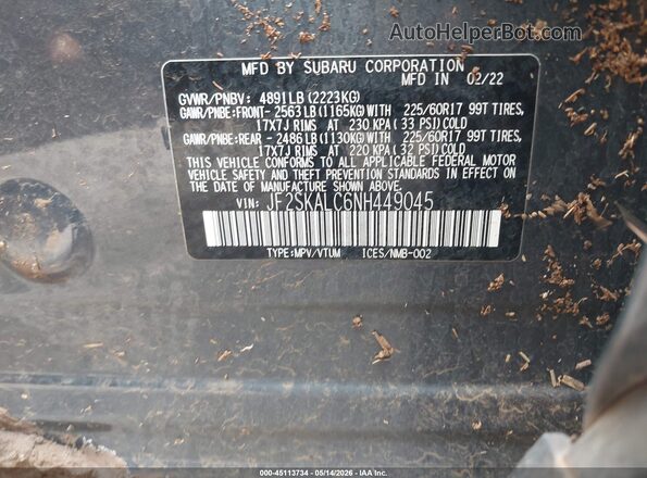 JF2SKALC6NH449045 2022 SUBARU FORESTER Gray Widok komory silnika