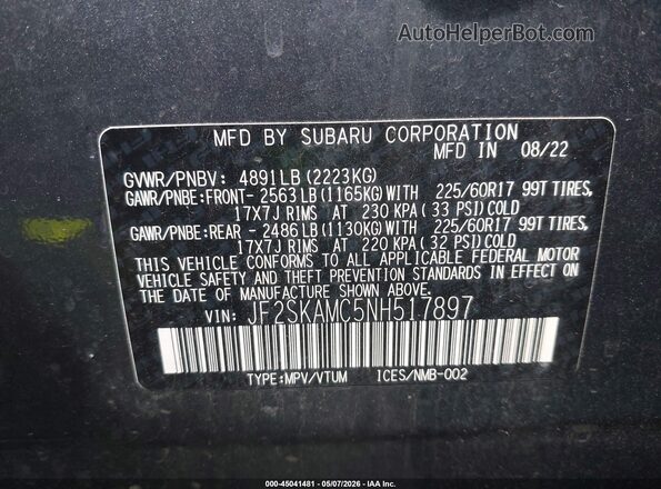 JF2SKAMC5NH517897 2022 SUBARU FORESTER Gray Vista del compartimento del motor