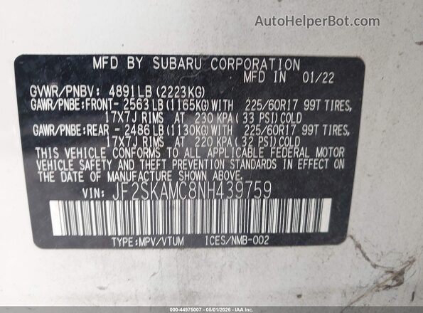 JF2SKAMC8NH439759 2022 SUBARU FORESTER White 