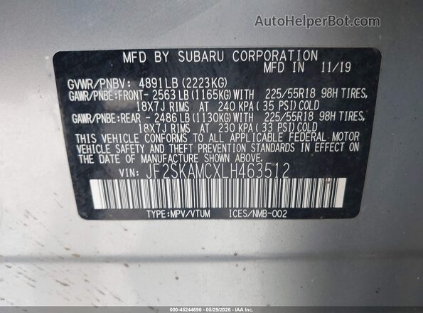 JF2SKAMCXLH463512 2020 SUBARU FORESTER Silver Вид підкапотного простору