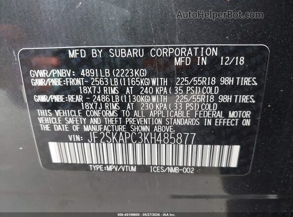 JF2SKAPC3KH485877 2019 SUBARU FORESTER Black ძრავის განყოფილების ხედი