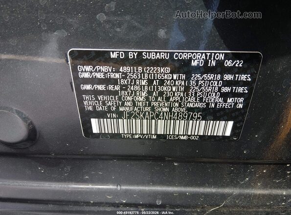 JF2SKAPC4NH489795 2022 SUBARU FORESTER Gray Widok komory silnika