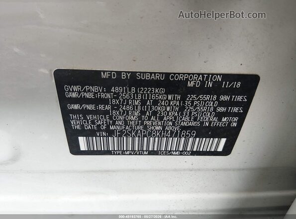 JF2SKAPC8KH471859 2019 SUBARU FORESTER White Вид підкапотного простору