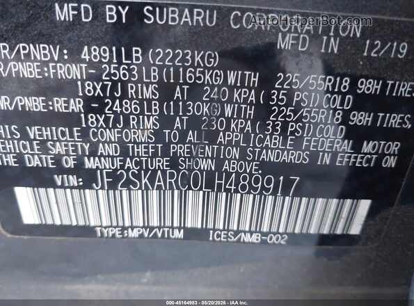 JF2SKARC0LH489917 2020 SUBARU FORESTER Gray 
