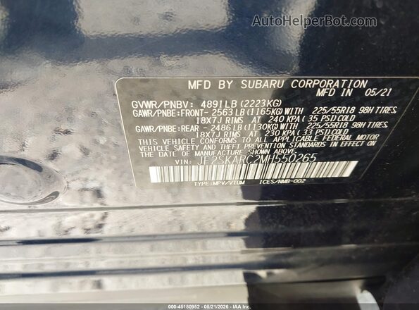 JF2SKARC2MH550265 2021 SUBARU FORESTER Blue ძრავის განყოფილების ხედი