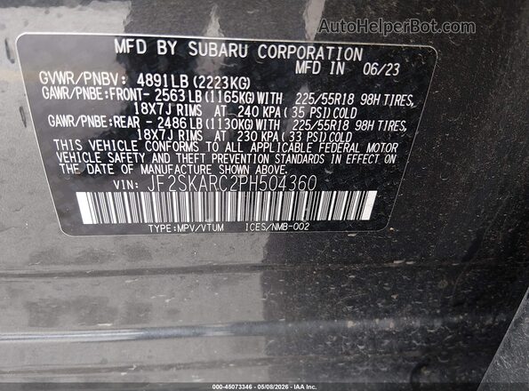 JF2SKARC2PH504360 2023 SUBARU FORESTER Gray Շարժիչի բաժամունքի տեսք