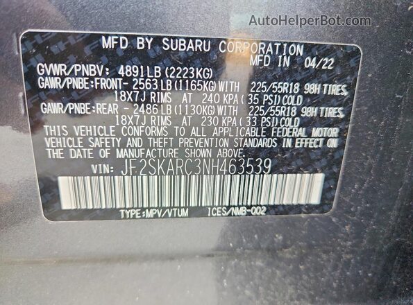 JF2SKARC3NH463539 2022 SUBARU FORESTER Gray 