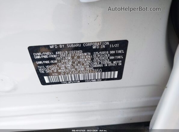 JF2SKARC4NH417850 2022 SUBARU FORESTER White 