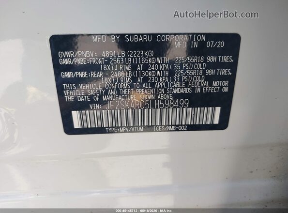 JF2SKARC5LH598499 2020 SUBARU FORESTER White Вид підкапотного простору