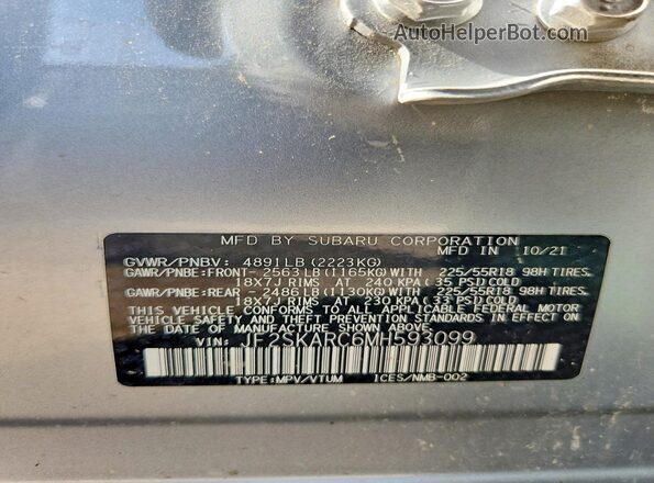 JF2SKARC6MH593099 2021 SUBARU FORESTER Silver 360 interior view