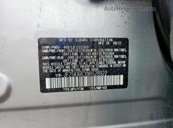 JF2SKARCXNH528922 2022 SUBARU FORESTER Silver Widok naklejki z numerem VIN